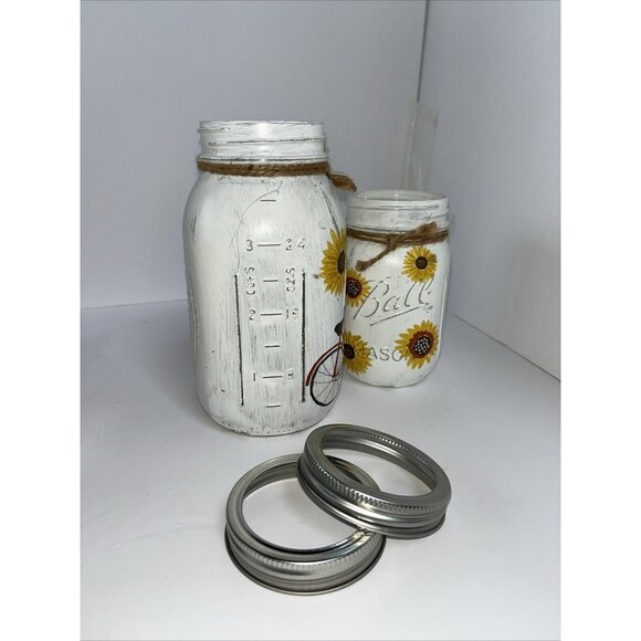2 Ball Mason Jars Hand Painted Summer Bicycle Sunflowers 32oz & 16oz With Bands - Picture 7 of 16
